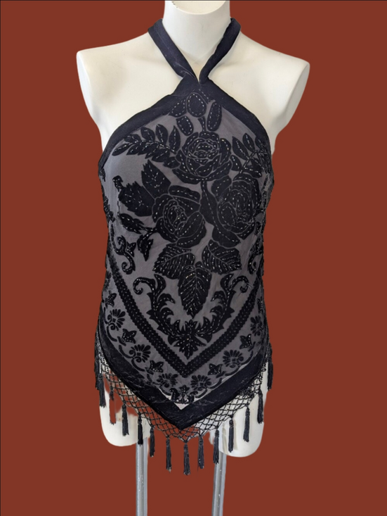 Vintage Tops - Vintage Cache Black Sheer Halter Floral Velvet Burnout Top with Fringe Sz M